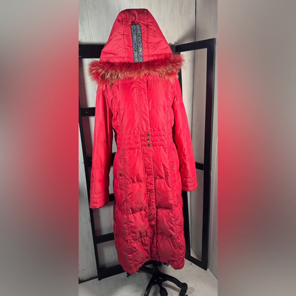 Vtg Pierre Cardin Hot Pink A-Line Down Coat, Removable Raccoon Trim, Size Large